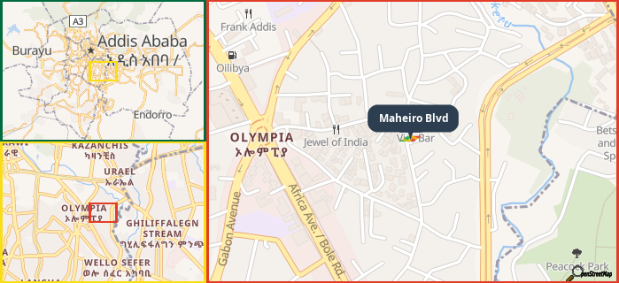 Map showing the address of Maheiro Blvd in three different zoom levels.