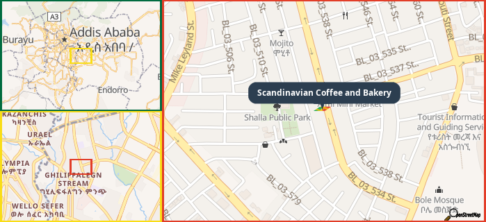 Map showing the address of Scandinavian Coffee and Bakery in three different zoom levels.