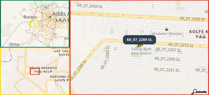 Map showing the address of KK_07_2269 St. in three different zoom levels.