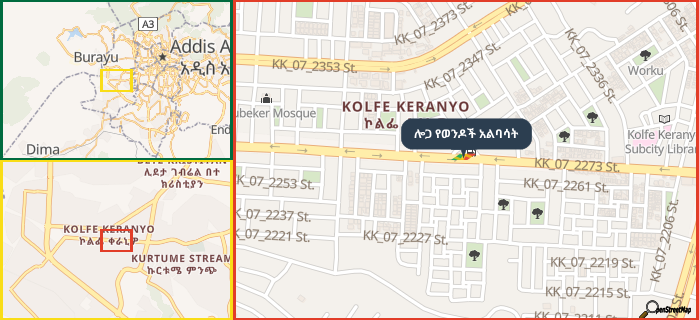 Map showing the address of ሎጋ የወንዶች አልባሳት in three different zoom levels.
