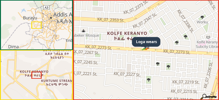 Map showing the address of Loga wears in three different zoom levels.