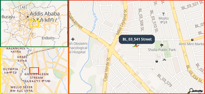 Map showing the address of BL_03_541 Street in three different zoom levels.