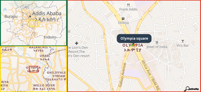 Map showing the address of Olympia square in three different zoom levels.