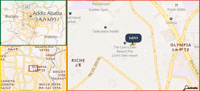 Map showing the address of ኦብሳን in three different zoom levels.