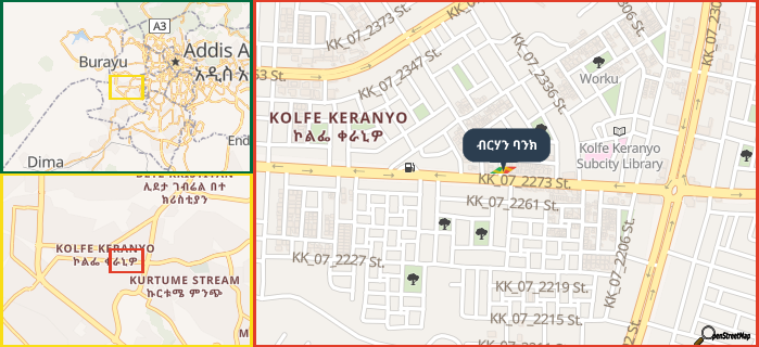 Map showing the address of ብርሃን ባንክ in three different zoom levels.