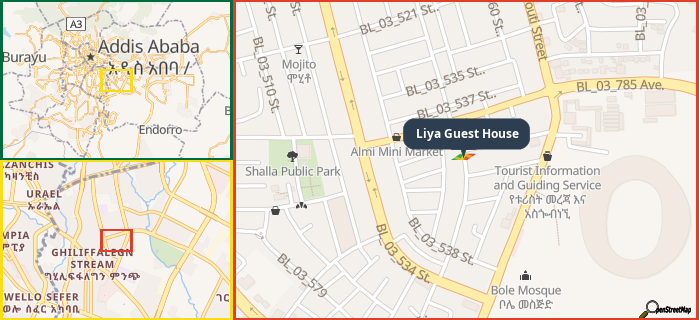 Map showing the address of Liya Guest House in three different zoom levels.