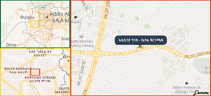 Map showing the address of አቢሲንያ ባንክ - ቤተል ቅርንጫፍ in three different zoom levels.