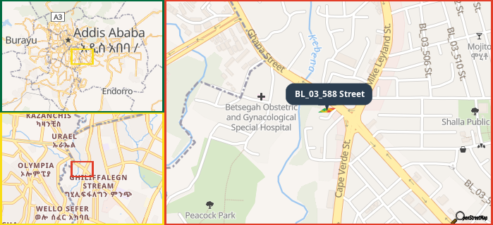 Map showing the address of BL_03_588 Street in three different zoom levels.