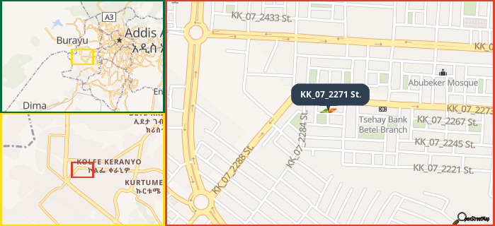 Map showing the address of KK_07_2271 St. in three different zoom levels.