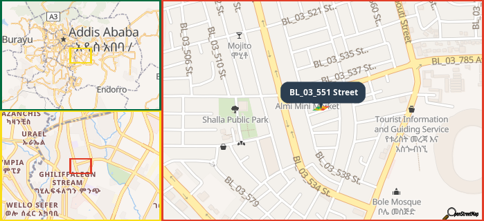 Map showing the address of BL_03_551 Street in three different zoom levels.