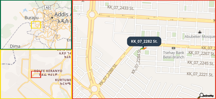 Map showing the address of KK_07_2282 St. in three different zoom levels.