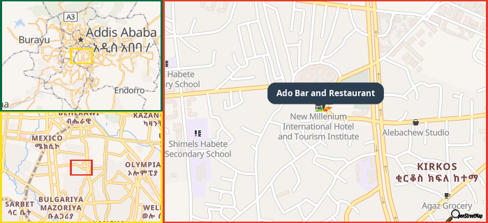 Map showing the address of Ado Bar and Restaurant in three different zoom levels.