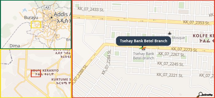 Map showing the address of Tsehay Bank Betel Branch in three different zoom levels.