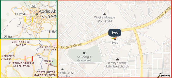 Map showing the address of Eyob in three different zoom levels.