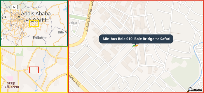 Map showing the address of Minibus Bole 010: Bole Bridge => Safari in three different zoom levels.