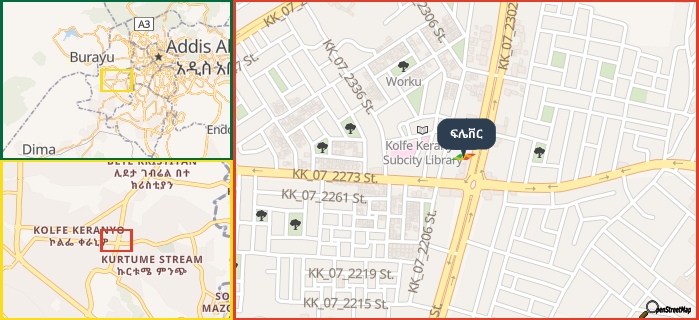 Map showing the address of ፍሌቨር in three different zoom levels.