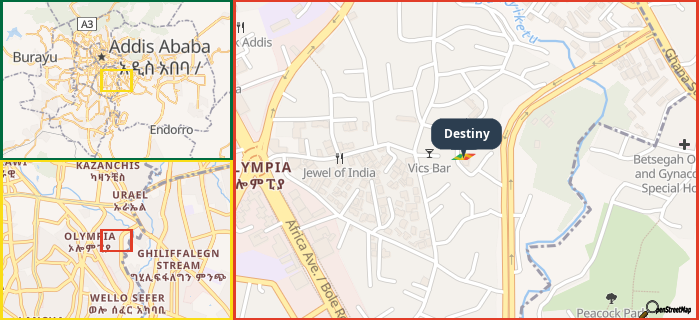 Map showing the address of Destiny in three different zoom levels.