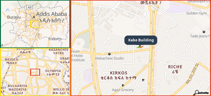 Map showing the address of Kabe Building in three different zoom levels.