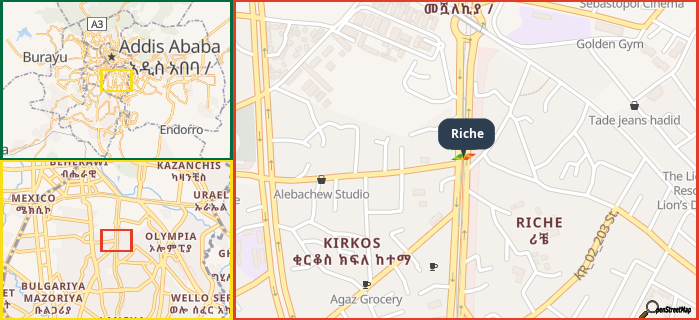 Map showing the address of Riche in three different zoom levels.