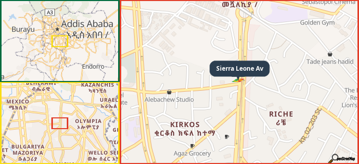 Map showing the address of Sierra Leone Av in three different zoom levels.