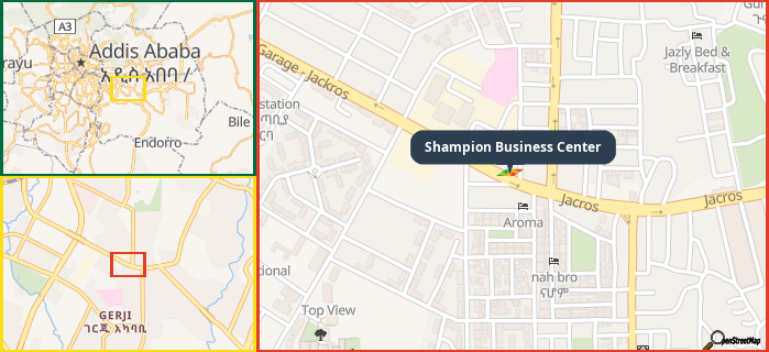 Map showing the address of Shampion Business Center in three different zoom levels.