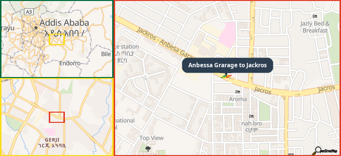 Map showing the address of Anbessa Grarage to Jackros in three different zoom levels.