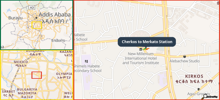 Map showing the address of Cherkos to Merkato Station in three different zoom levels.