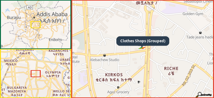 Map showing the address of Clothes Shops (Grouped) in three different zoom levels.