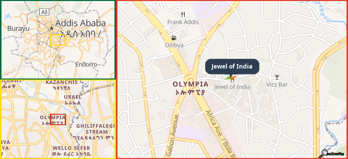 Map showing the address of Jewel of India in three different zoom levels.