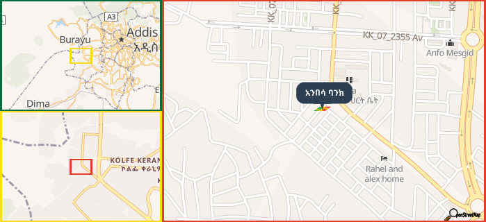 Map showing the address of አንበሳ ባንክ in three different zoom levels.