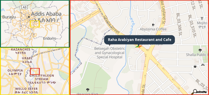 Map showing the address of Raha Arabiyan Restaurant and Cafe in three different zoom levels.