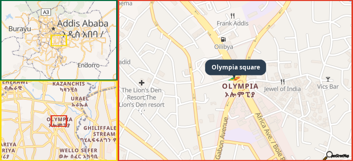 Map showing the address of Olympia square in three different zoom levels.