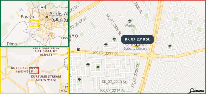 Map showing the address of KK_07_2318 St. in three different zoom levels.