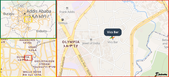 Map showing the address of Vics Bar in three different zoom levels.