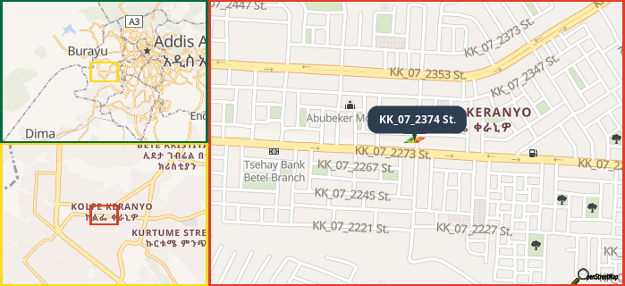 Map showing the address of KK_07_2374 St. in three different zoom levels.