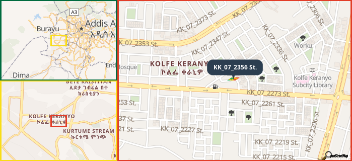 Map showing the address of KK_07_2356 St. in three different zoom levels.