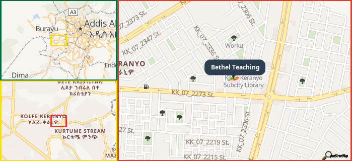 Map showing the address of Bethel Teaching in three different zoom levels.