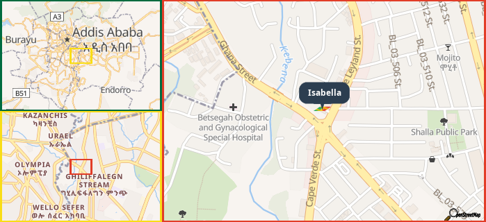 Map showing the address of Isabella in three different zoom levels.