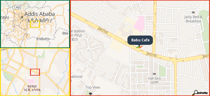 Map showing the address of Babu Cafe in three different zoom levels.