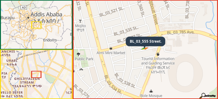 Map showing the address of BL_03_555 Street. in three different zoom levels.