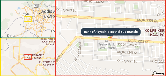 Map showing the address of Bank of Abyssinia (Bethel Sub Branch) in three different zoom levels.