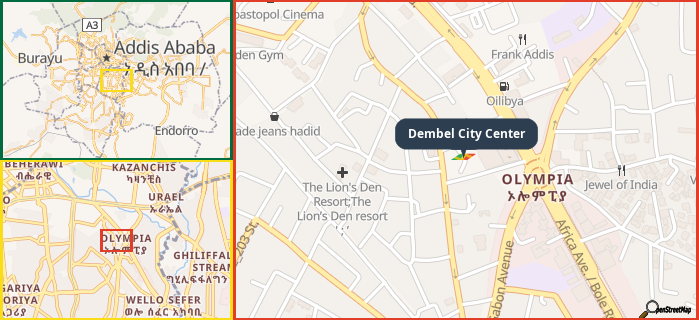 Map showing the address of Dembel City Center in three different zoom levels.