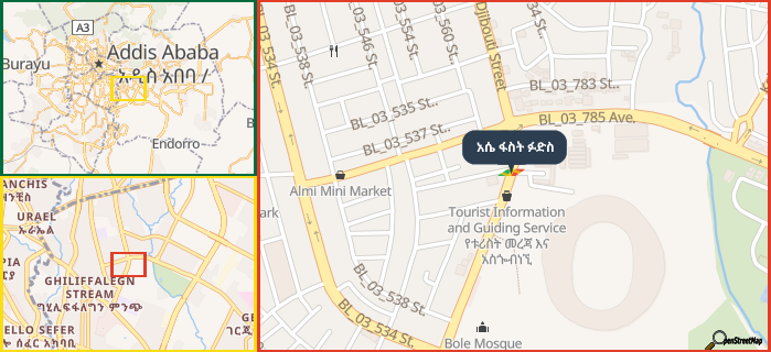 Map showing the address of አሴ ፋስት ፉድስ in three different zoom levels.