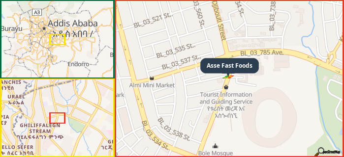 Map showing the address of Asse Fast Foods in three different zoom levels.