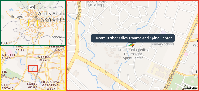 Map showing the address of Dream Orthopedics Trauma and Spine Center in three different zoom levels.