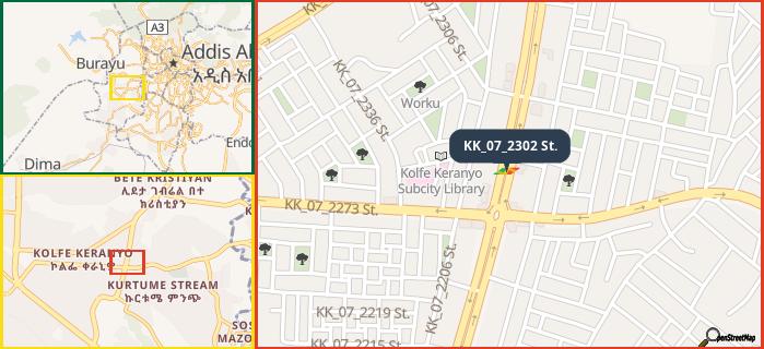 Map showing the address of KK_07_2302 St. in three different zoom levels.