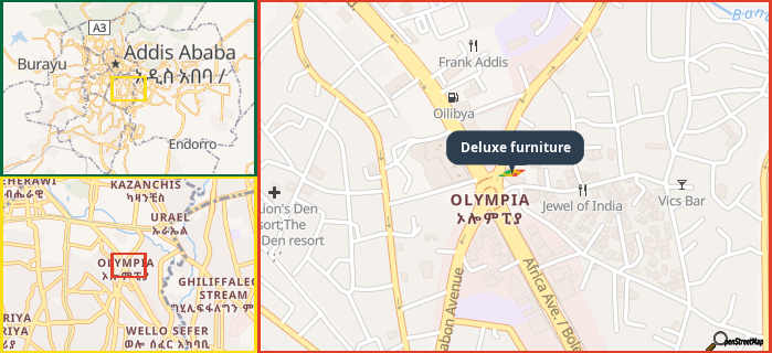 Map showing the address of Deluxe furniture in three different zoom levels.