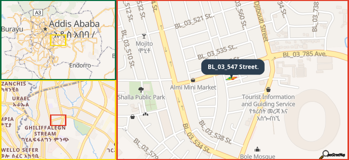 Map showing the address of BL_03_547 Street. in three different zoom levels.