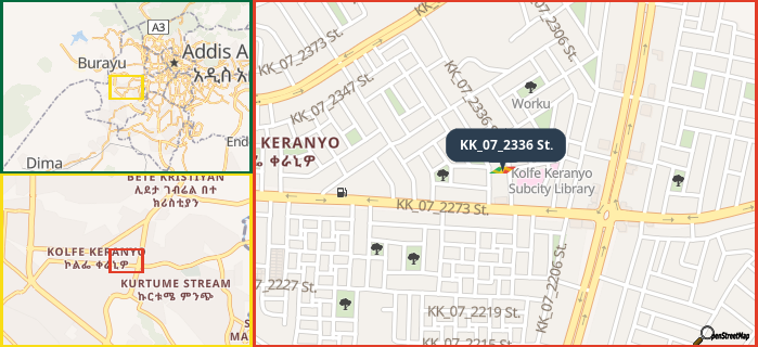 Map showing the address of KK_07_2336 St. in three different zoom levels.