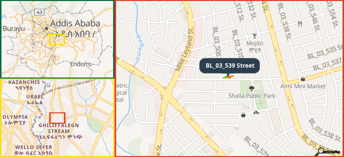 Map showing the address of BL_03_539 Street in three different zoom levels.